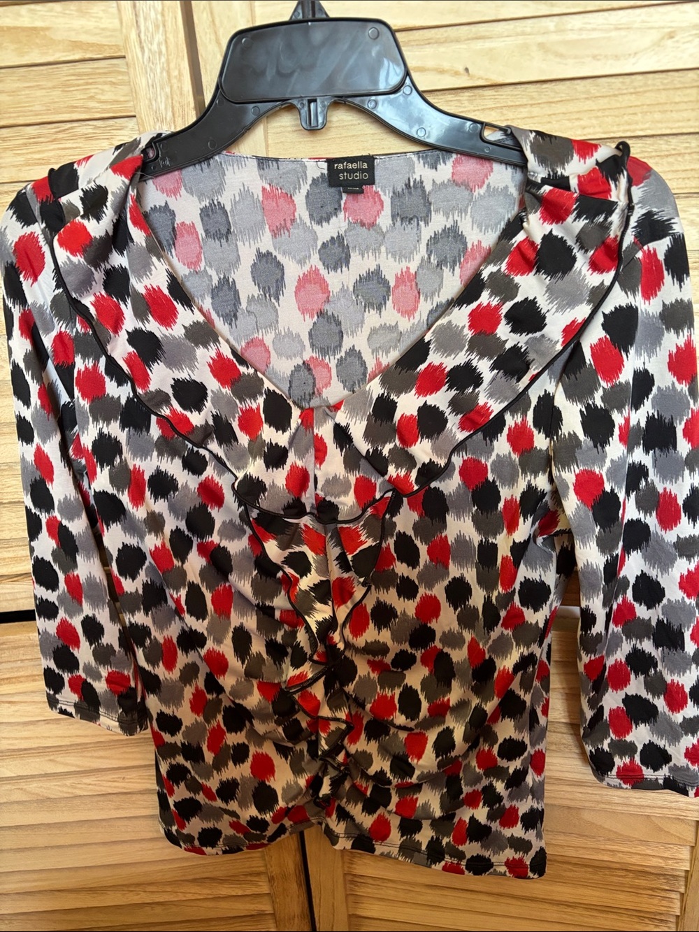 Rafaella Studio Red, Black & Gray Ruffle V-Neck Blouse Small